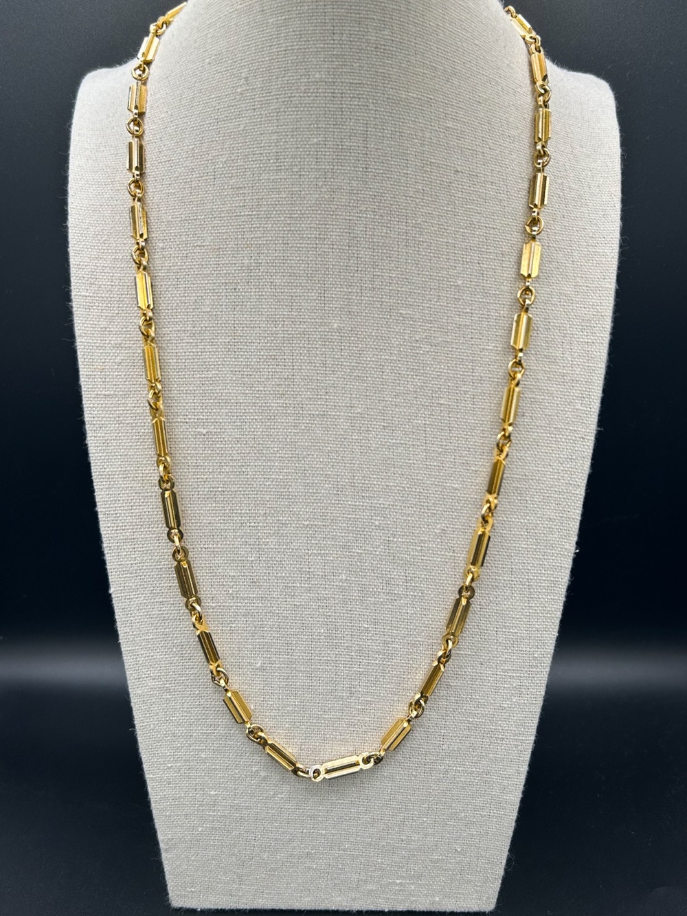 Vintage Textured Gold Tone Bar Link Necklace, 24" Geometric Baton Chain